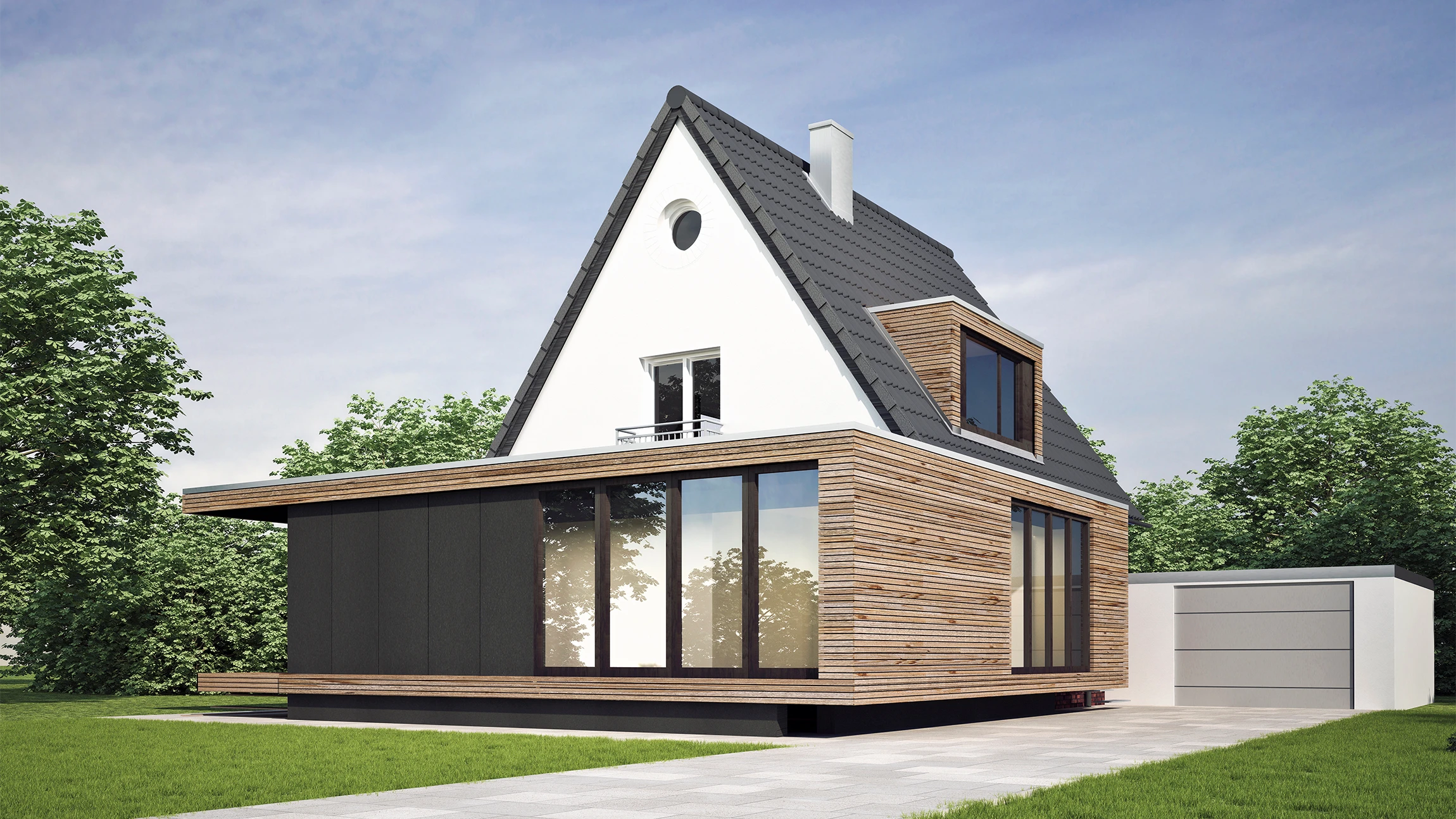 A house with a pitched roof and windows