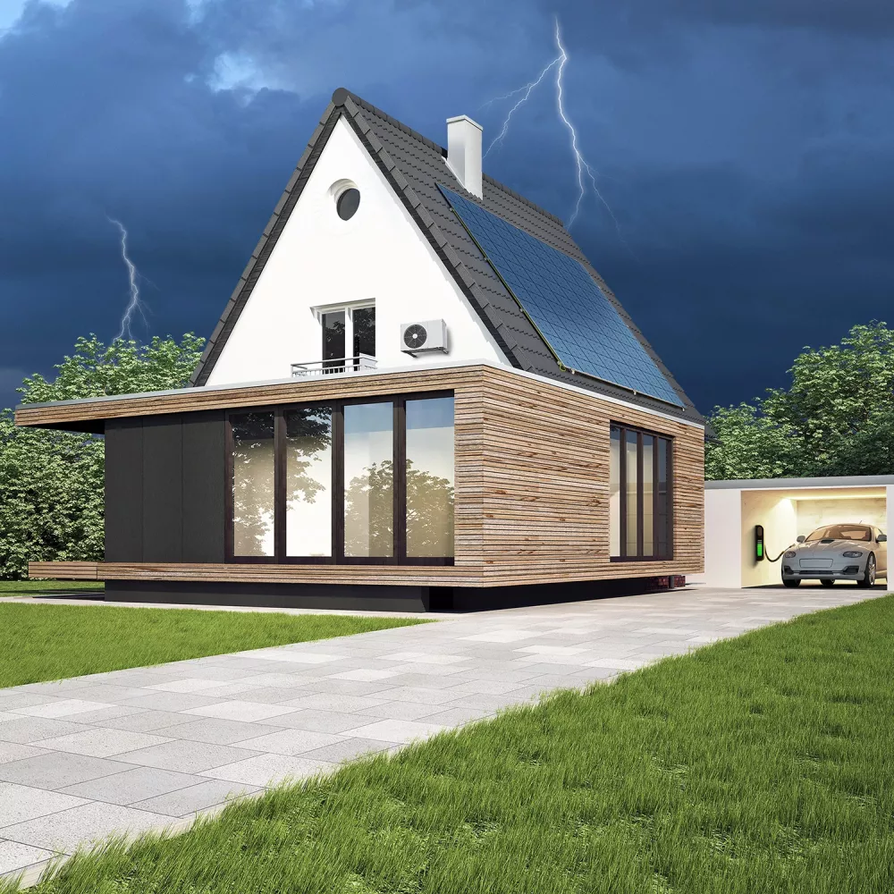 A captivating image displays a modern, minimalist house, with a striking triangular roof and sleek flat design. The large window on the right, small window on the left, and vent on the roof create a functional elegance. Set against a lush green lawn and tree-framed backdrop, the parked car in the driveway adds a touch of life to this stunning visual presentation.