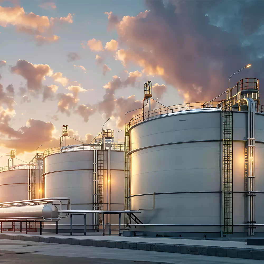 Large cylindrical industrial storage tanks with exterior ladders and pipes, set outdoors under a partly cloudy sky at sunset.
