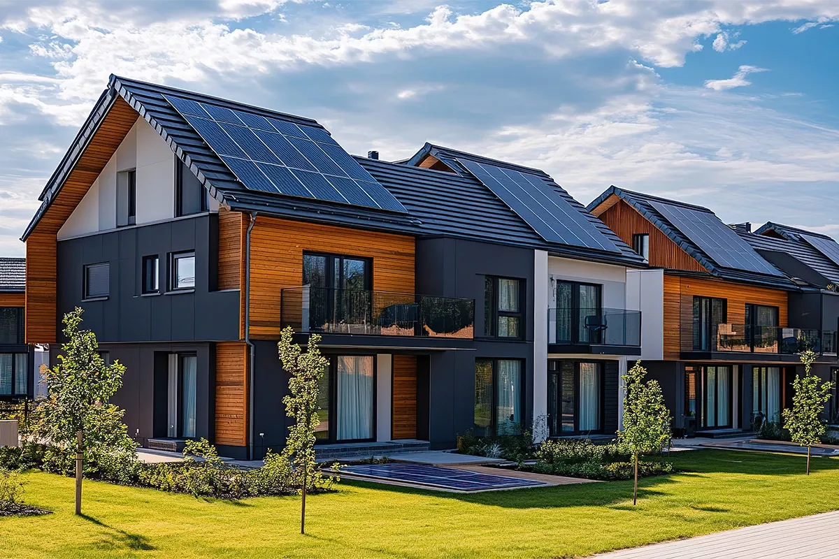 Modern residential houses with solar panels on pitched roofs, wood and dark façades, balconies, and landscaped green lawns.